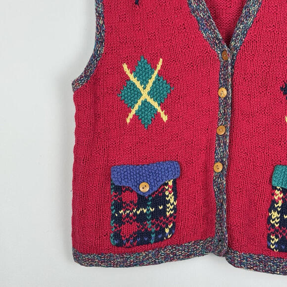 VTG Portraits Northern Isles Hand-Knit Red Wool Sweater Vest M-L Argyle Cottage - Picture 2 of 9